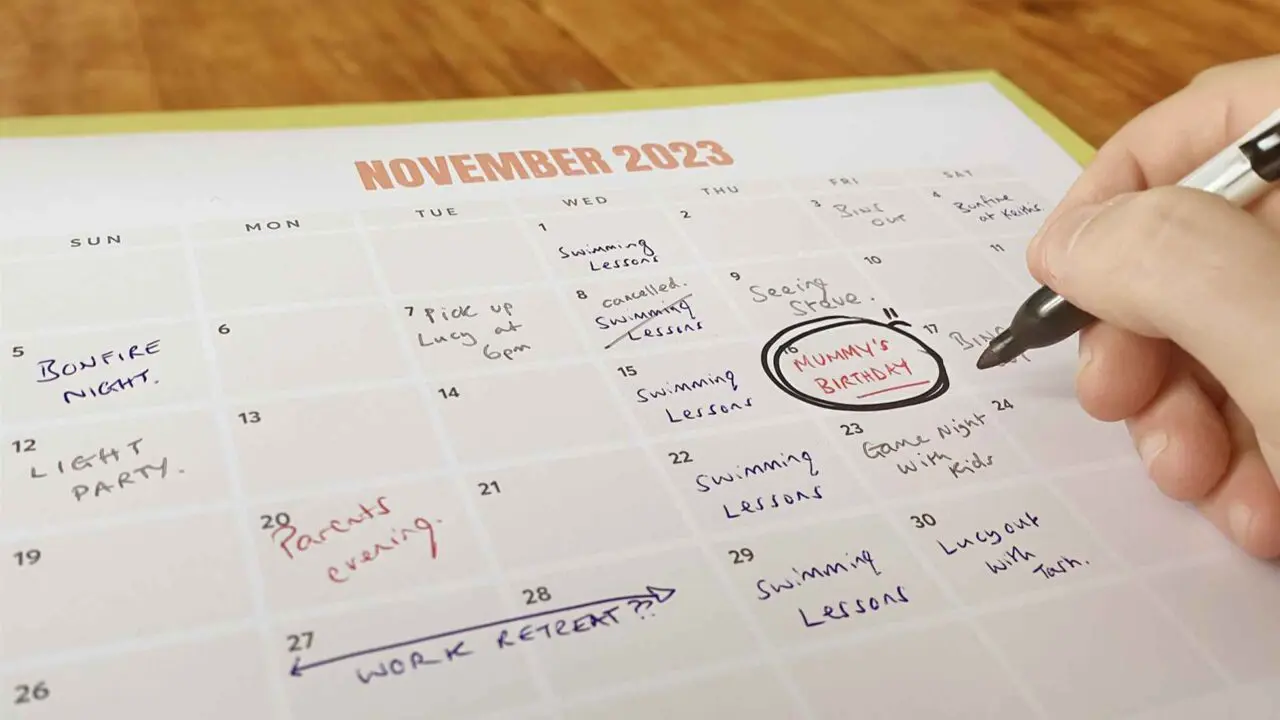 A calendar page with lots of family entries. Mummy's birthday is circled.