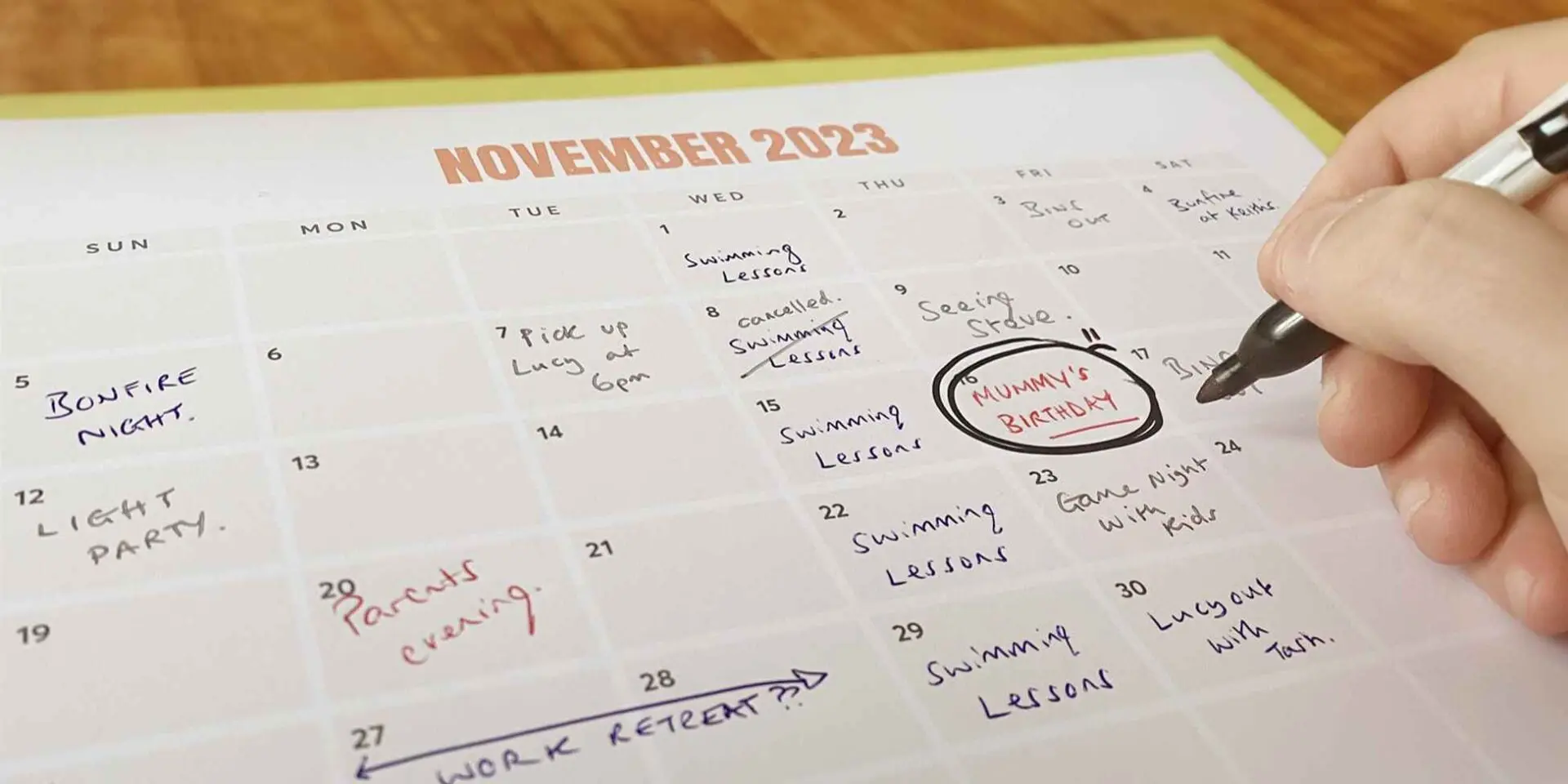 A calendar page with lots of family entries. Mummy's birthday is circled.