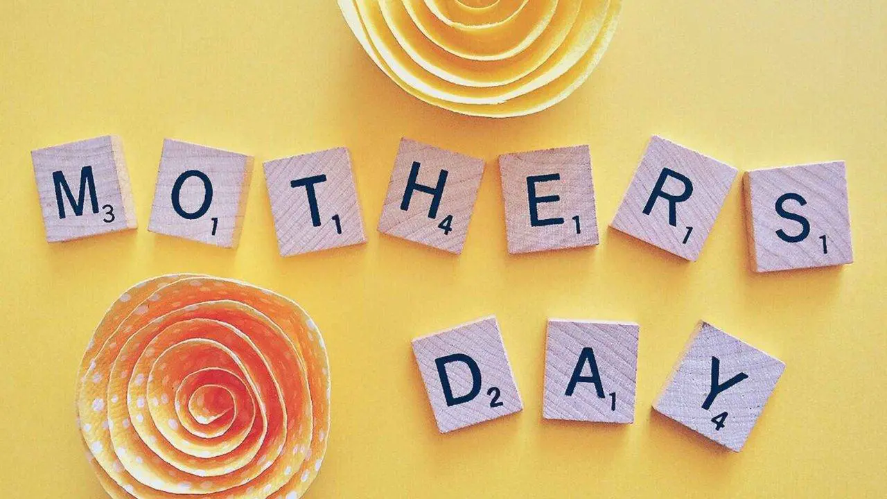 Mother's Day in scrabble letters on yellow background