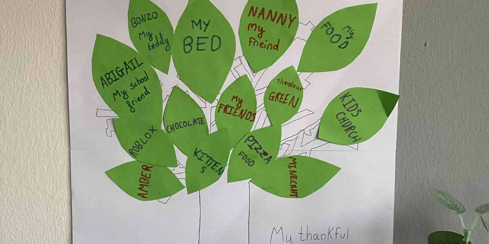 Thankful tree activity - Photo of a hand drawn tree with green leaves with writing on
