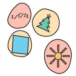 illustration of pebbles painted different colours and with drawings on