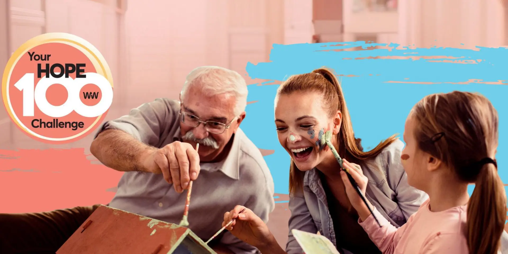 Hope 100 - generic ask, featuring a family of three laughing and painting a wooden house
