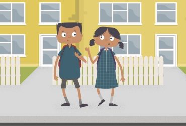 Animated boy and girl with dark brown hair ingrey school uniform talking outside yellow building