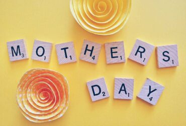 Mother's Day in scrabble letters on yellow background