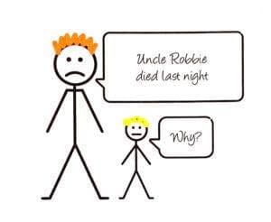 A stick man image of an adult and a child. The adult says, "Uncle Robbie died last night". The child replies, "Why?".