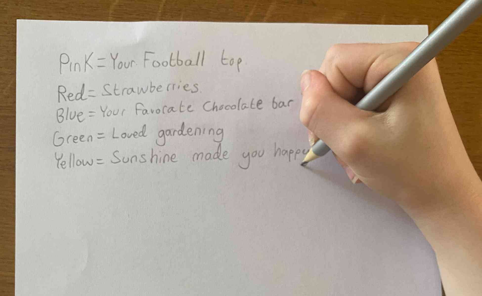 Child's hand writing: Pink = your football top, red = strawberries, blue = your favourite chocolate bar, green = loved gardening, yellow = sunshine made you happy - step 3 of window art activity