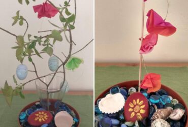 Indoor-memory-garden Two images of a plotted indoor plant, decorated with eggs and painted rocks