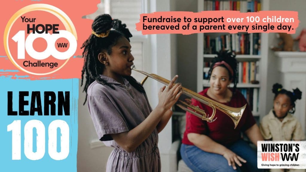 Hope 100 - learn ask, featuring a young girl trying to play the trombone