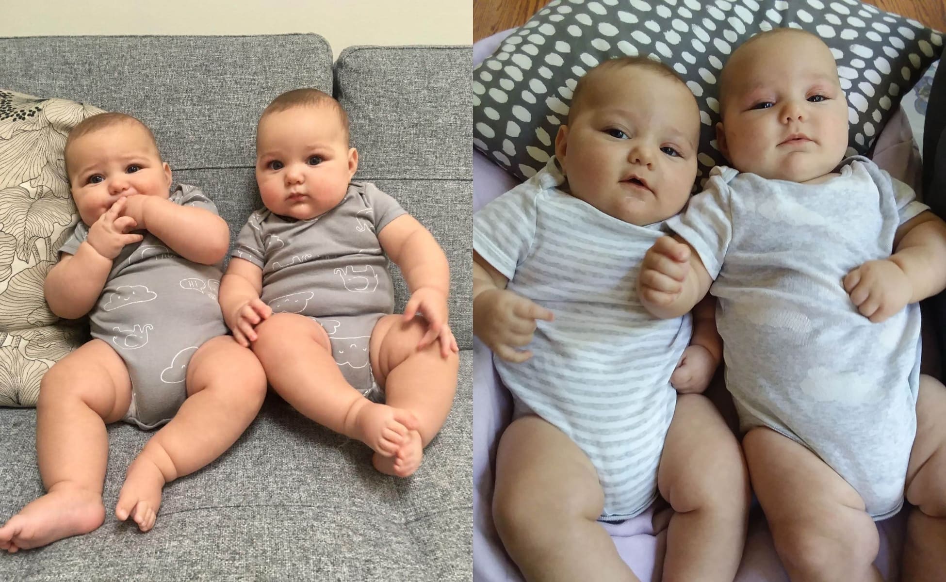 Two photos of Baby Rocco with twin, Winston, lying side by side in coordinated baby grow outfits.