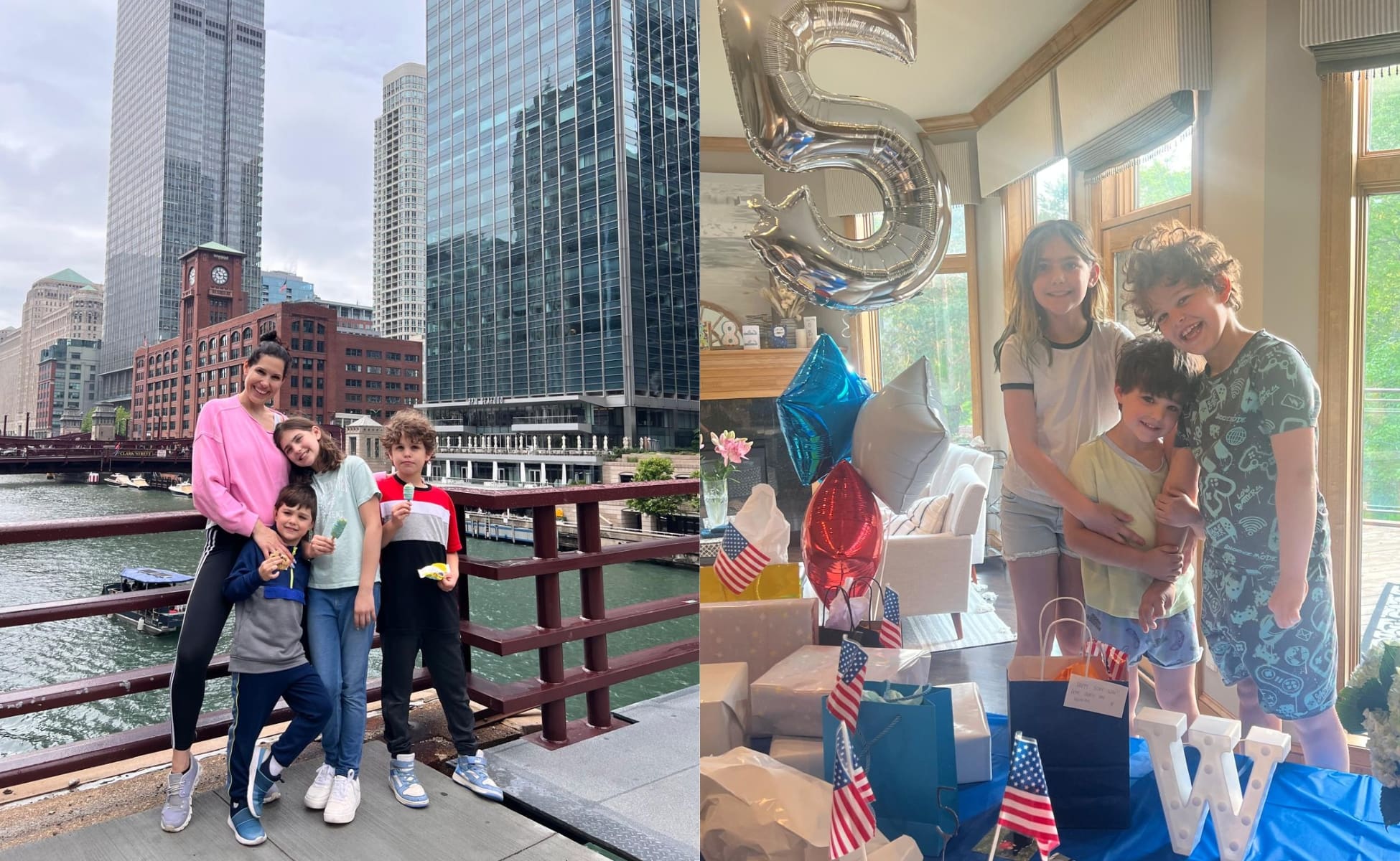Two photos. Left: Samya, mum, with Winston, Otis, and Mila in front of cityscape. Right: Winston's 5th birthday. Photo of Winston with Otis and Mila and a silver foil '5' balloon.