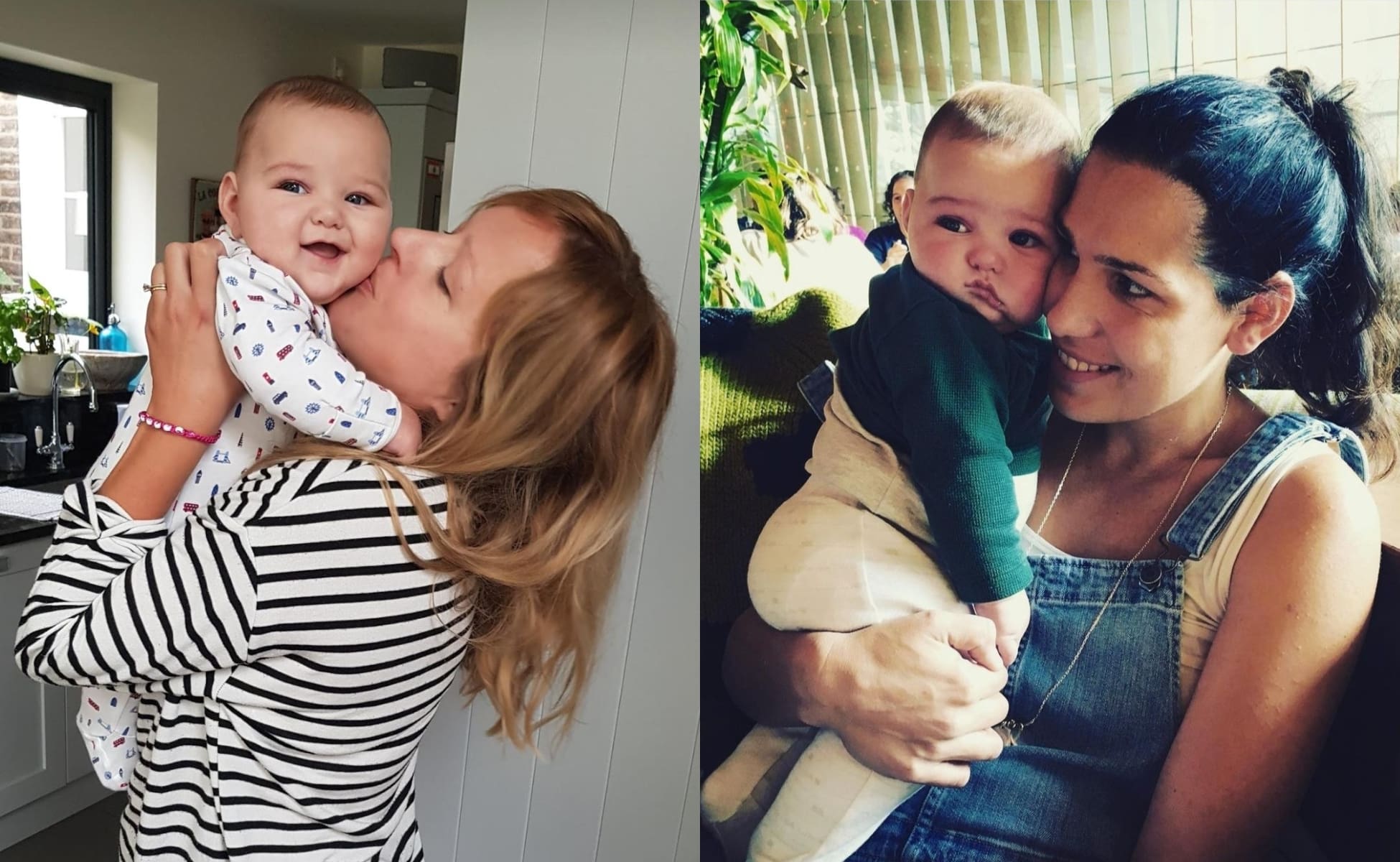Two photos. Baby Rocco being held by Godmother, Claudia, on the left, and another photo of Baby Rocco being held by mum, Samya, on the right.